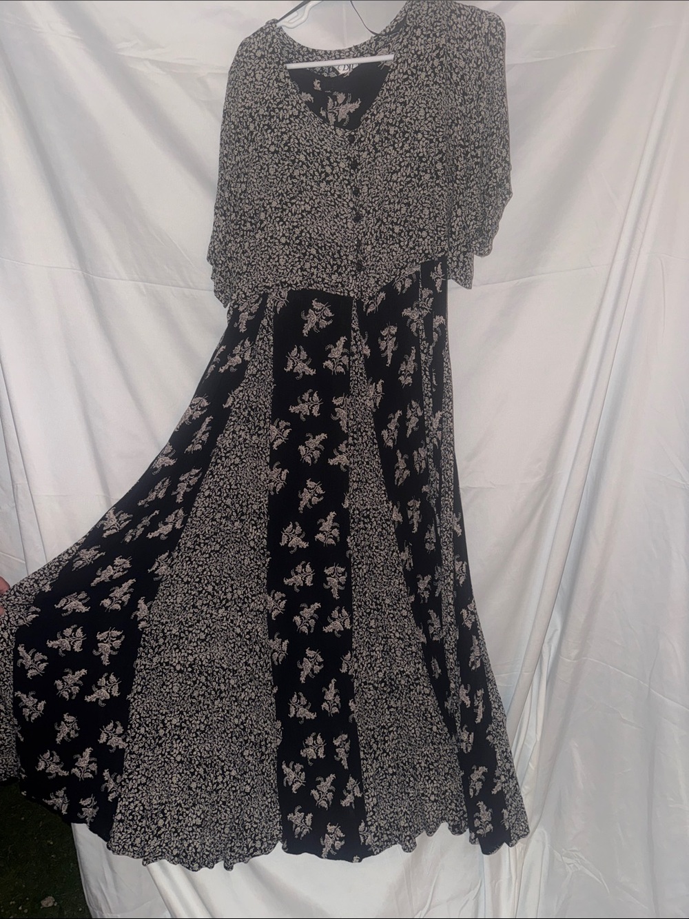 DJI Black and White Floral Patchwork Maxi Dress